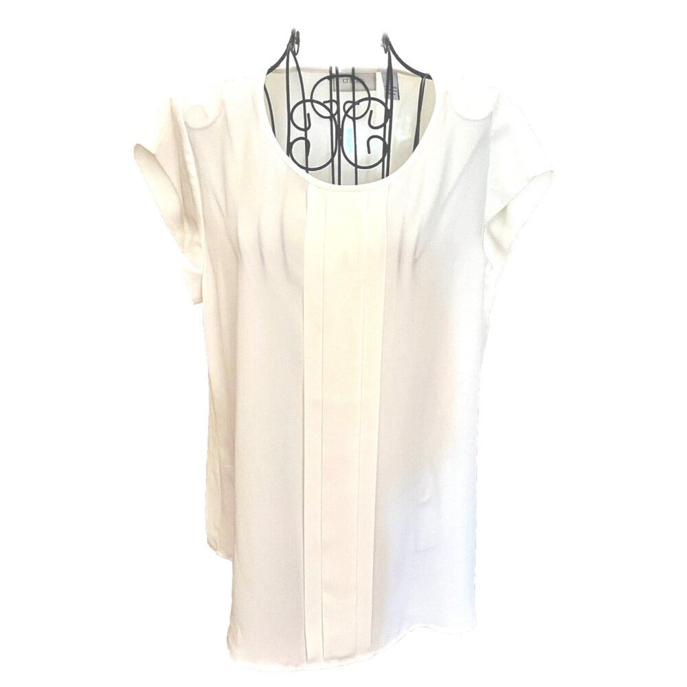 CHICO’S Cap Sleeve Ivory Sheer Chiffon Pullover Tunic With Pleated Front SZ MED